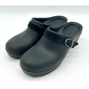 Crocs Sarah Clogs Mule Womens 6 Slip On Wedge Heel Leather Buckle Black